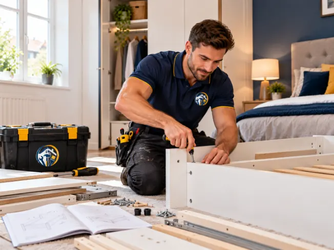 Handyman assembling flat-pack furniture in a bedroom