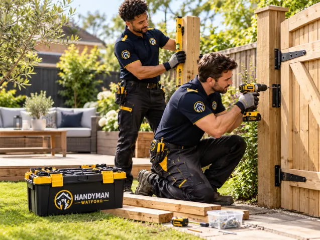 Handyman team fitting a garden gate hinge and checking a fence post with a level