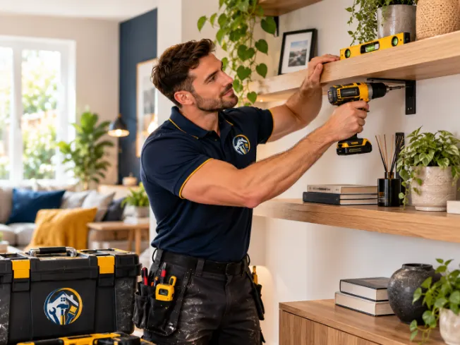 Handyman installing a floating shelf with a cordless drill