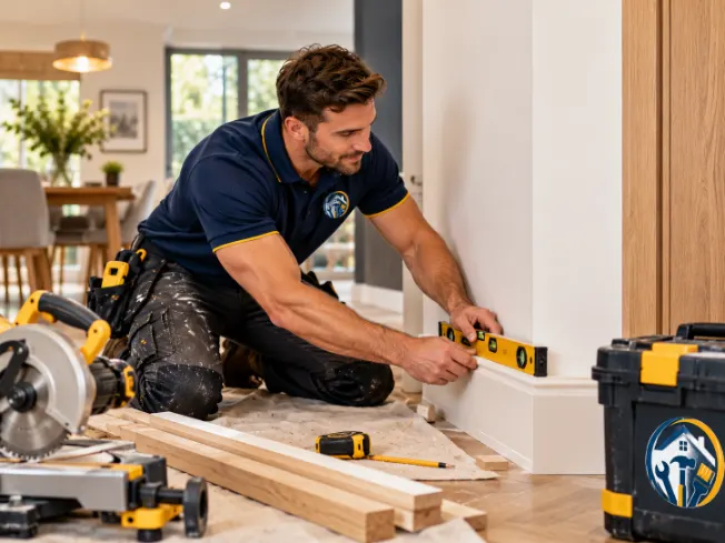 Handyman fitting skirting board with a spirit level in a modern living room