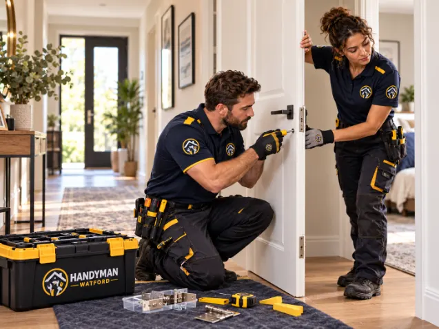 Handyman Watford team fitting a door handle and latch in a Watford hallway