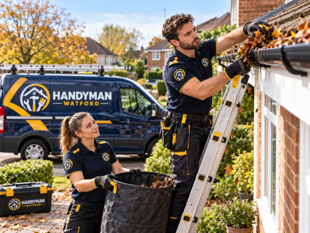 Handyman Watford team clearing leaves from a residential gutter on a ladder