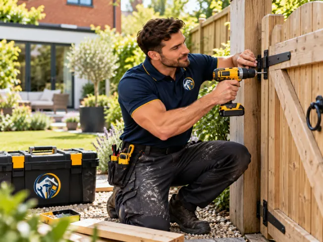 Handyman drilling a hinge onto a wooden garden gate in a backyard