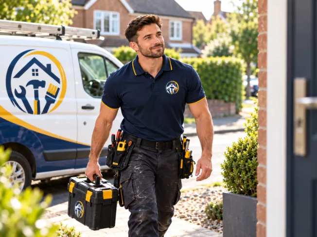 Handyman arriving at a Watford property with toolbox and branded van